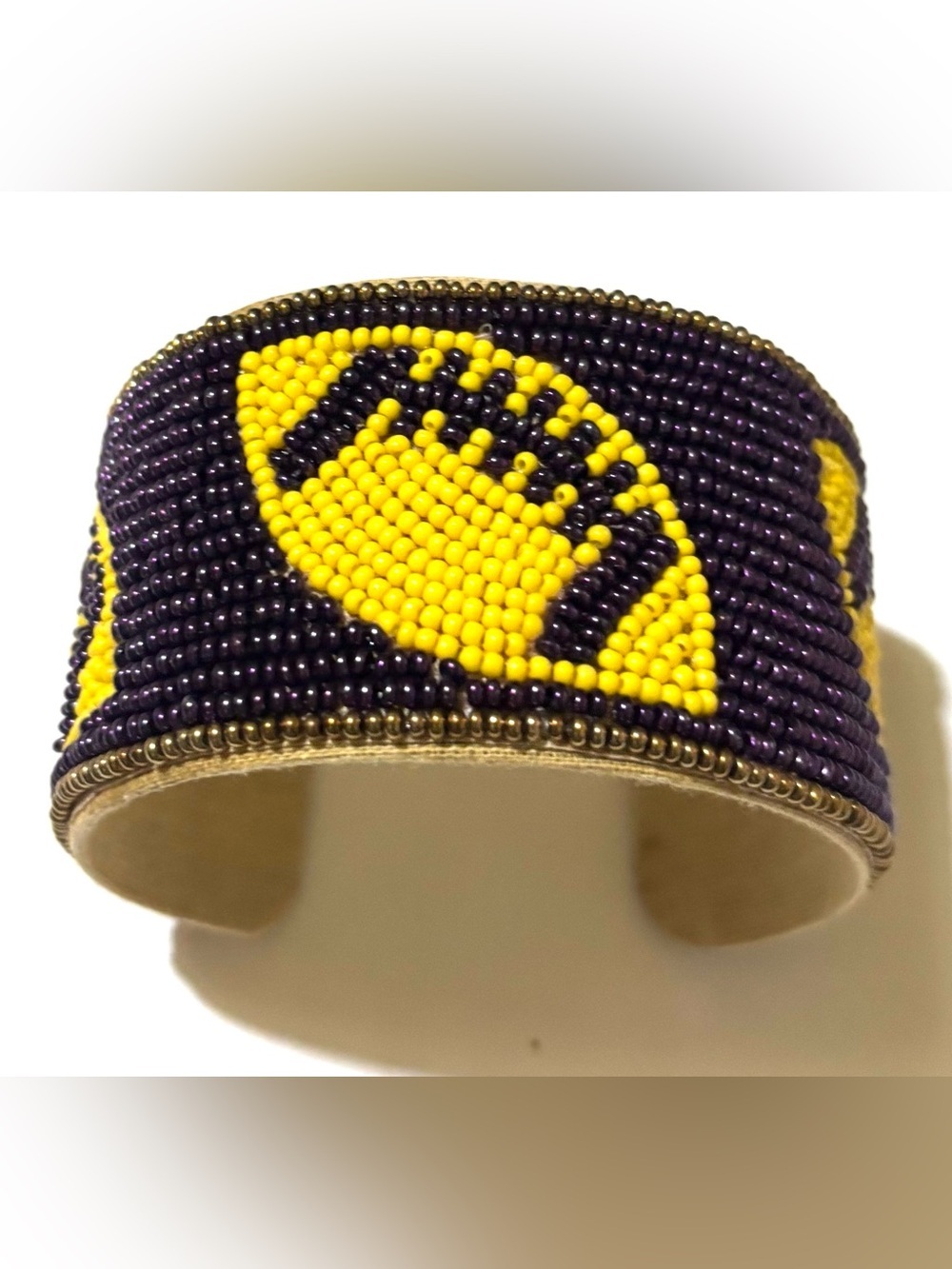 Hand-Beaded Purple and Yellow Football Cuff Bracelet